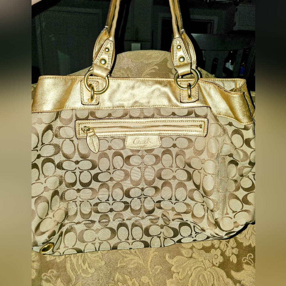 Coach poppy style Satchel Handbag,  Gold colored, 16 x 12 in.